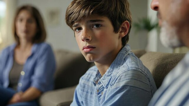 Teenage brunette Caucasian boy with a concerned look on his face listening to his parents talk on a couch in a contemporary living room.