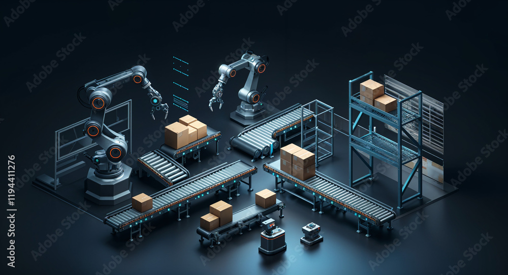 Poster futuristic 3d concept of robotic assembly line . generative ai