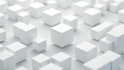 A mesmerizing cluster of uniquely-sized white 3D cubes rests on a sleek, gray surface, with one central cube drawing focus amidst this geometric ensemble