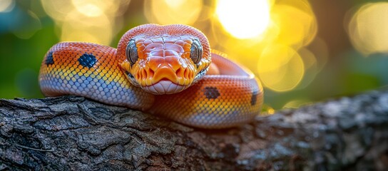 Fototapeta premium Sunset reptile on branch, bokeh background. Nature wildlife