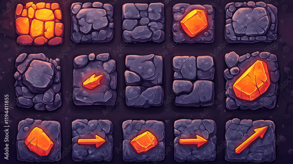 Poster stone game tablets, buttons, cartoon interface plaques, frames and arrows of rocky texture. menu boa