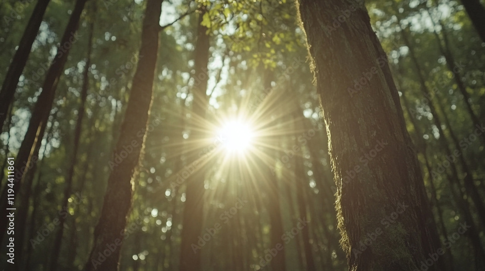 Poster sunlight filters through tall trees in a peaceful forest setting