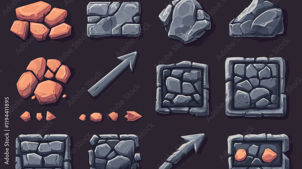 Poster stone game tablets, buttons, cartoon interface plaques, frames and arrows of rocky texture. menu boa