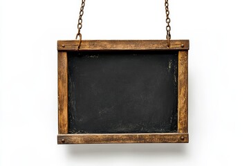 Rustic wooden chalkboard hanging sign with chains, blank black surface.