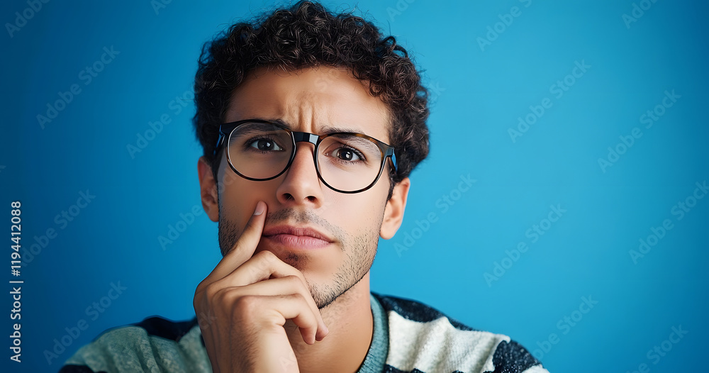 Poster thinking, face and man with glasses for brainstorming, problem solving or idea on blue background in