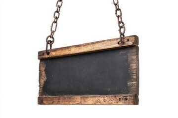 Rustic wooden chalkboard sign hanging from chains, isolated on white.