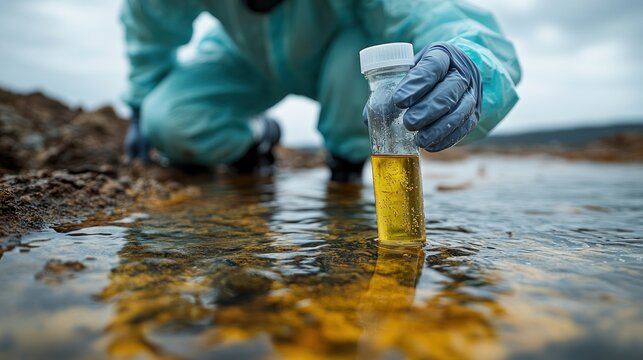 Scientist in protective gear collecting water sample from polluted stream with cloudy sky in background