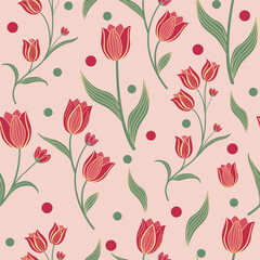 Colorful Floral Pattern with Leaves. Cute Small Tulips on Seamless Background. Tulip Flowers Pattern.