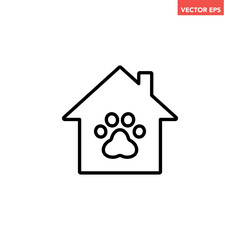 Black single pet house line icon, simple animal care centre at home flat design interface infographic element for app logo ui web button, vector isolated on white background