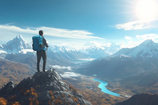 Hiker on mountaintop overlooking valley, lake, and majestic snow-capped peaks under a bright sun.
