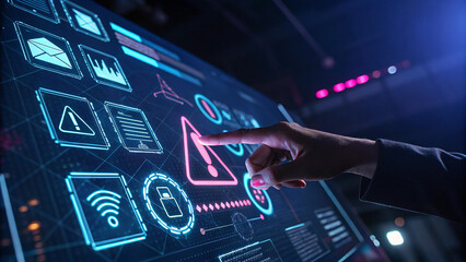 Futuristic digital interface, holographic icons, neon blue and pink lights, finger touching virtual screen, cyberpunk aesthetic, dark background, floating data elements