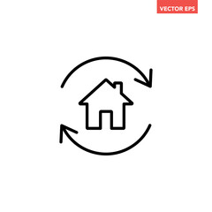 Single black house renovation line icon, simple update home with arrow flat design pictogram vector for app logo ads web webpage button ui ux interface elements isolated on white background