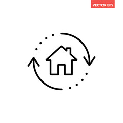 Single black house renovation line icon, simple update home with arrow flat design pictogram vector for app logo ads web webpage button ui ux interface elements isolated on white background