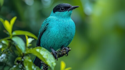 Obraz premium Turquoise bird perched on branch, lush green rainforest background, wildlife photography, nature website