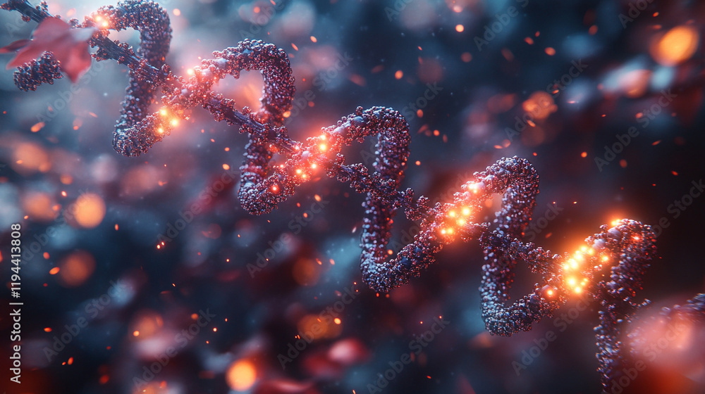 Poster the dna molecule is in the form of a double helix consisting of many small spheres that emit orange-