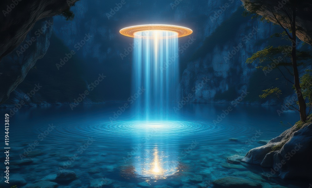 Poster Mysterious UFO above tranquil water