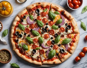 Delicious Pepperoni Pizza with Fresh Basil and Vegetables