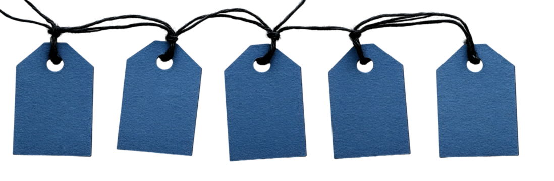 Blank Blue Tags Hanging Isolated on White Background