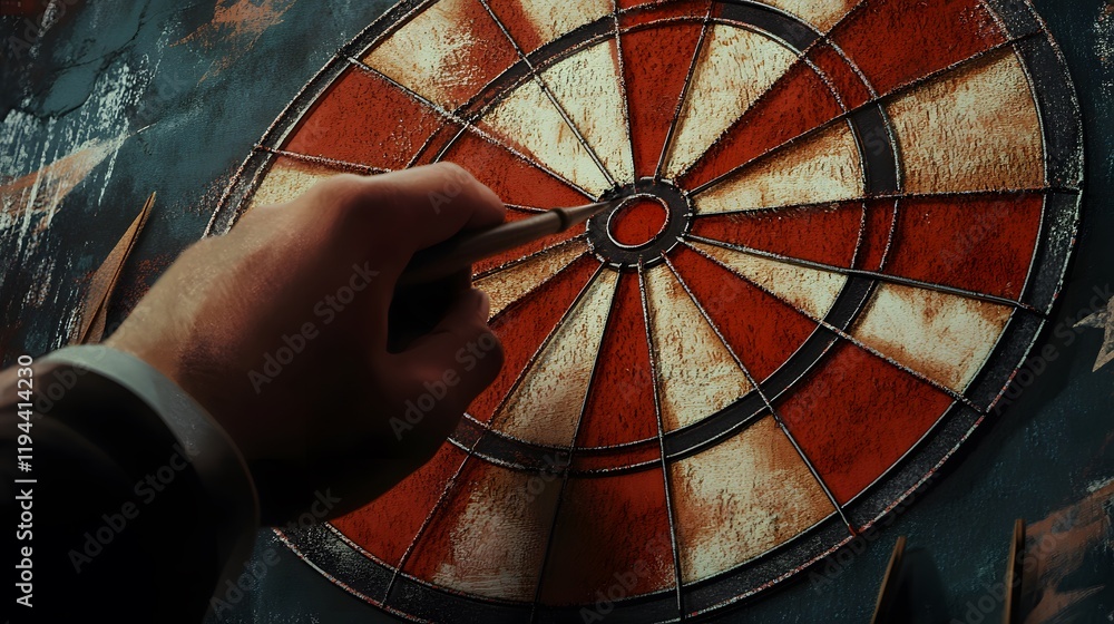 Poster a hand throws a dart at a weathered dartboard