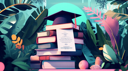 3d render student graduation, education in school, college or university digital concept with pile of books, certificate scroll and academic bachelor hat on top, Illustration in. 3D Illustration