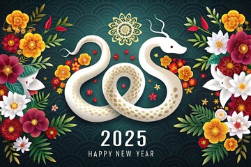 2025 Chinese New Year Snake Silhouette Banner: White Snakes & Blossoms - Auspicious Year of the Snake