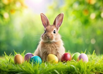 Fototapeta premium Adorable Easter Bunny & Colorful Eggs on Lush Green Grass - Spring Holiday Stock Photo