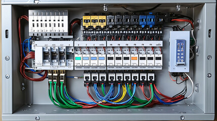 Detailed inspection of electrical panels by expert technicians in an organized industrial environment 