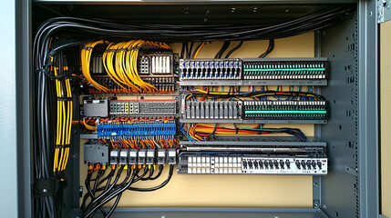 Detailed inspection of electrical panels by expert technicians in an organized industrial environment 