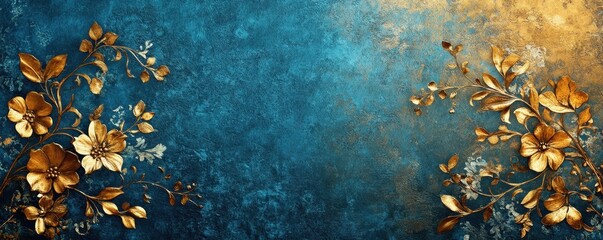 Elegant floral design with gold leaves on blue textured background