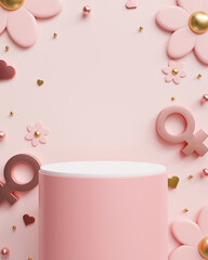 White and pink podium on pink background with women sign, flower and heart, showcase product, valentien' day, women's day concept, 3d render