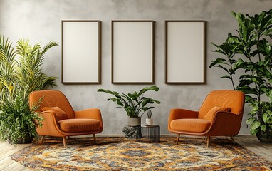 Living room interior design, orange chairs, plants, rug, mockup