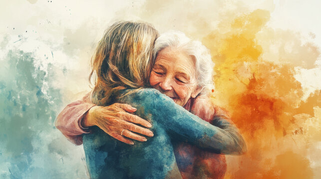 caregiver and elderly woman share comforting hug, expressing warmth and love. This touching moment highlights bond between generations, showcasing compassion and care