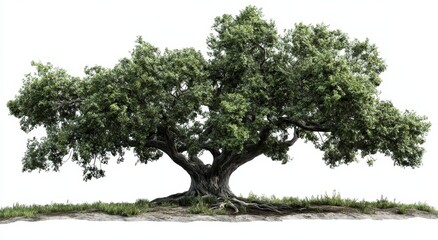 Lush, sprawling tree with exposed roots against a white background.