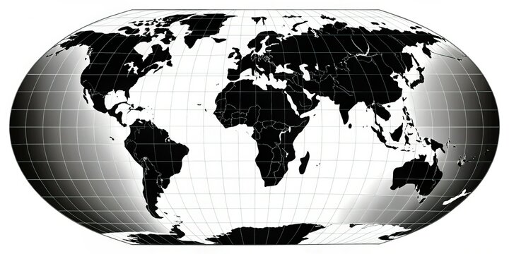 Albers Equal Area Conic Projection: Black & White World Map with Country Borders