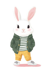 Cute white rabbit in stylish outfit illustration