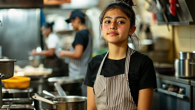 Undocumented immigrant latino teenage girl wearing an apron smiling while working in a restaurant kitchen.