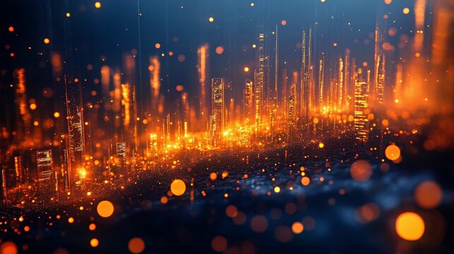 Futuristic digital cityscape with abstract glow. Modern urban skyline shines with vibrant particles. Technological innovation meets illuminated metropolis. Perfect for high and sci themes.