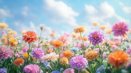 Fototapeta premium Colorful zinnia flower field under blue sky with fluffy clouds