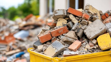 Construction debris pile in a yellow container at a site