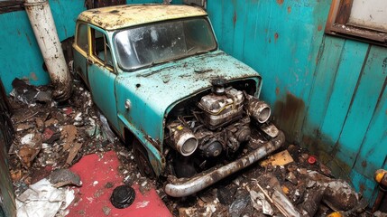 Abandoned vintage car in a dilapidated room