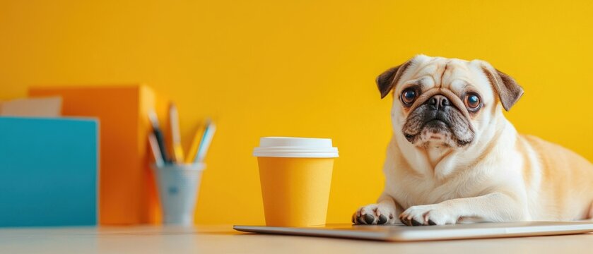 Business meeting with a pug animal companion at work cozy office environment productive atmosphere engaging perspective