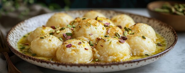 Fototapeta premium Delicious ras malai dessert with pistachio garnish in a rustic bowl