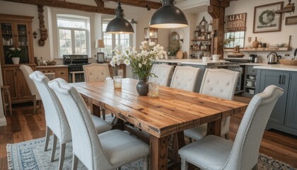 Reclaimed wood dining tables in rustic farmhouse kitchens
