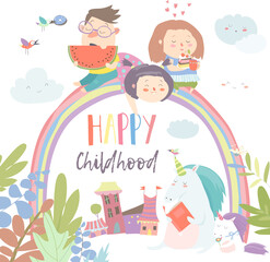 Happy kids on rainbow with magical unicorns. Vector illustration