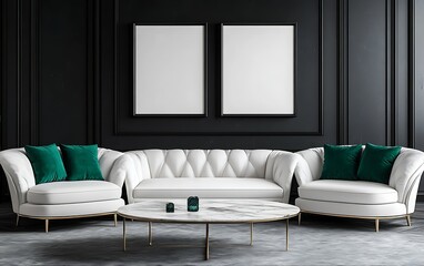 Elegant white sofa in dark room, two blank frames, marble table, interior design mockup