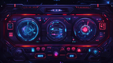 Fototapeta premium Game menu you win and lose space gamer ui glow panel with buttons. Ski-fi interface with gui elements, player rate stars, target, money, score, ok and restart boards, profile vector graphic design