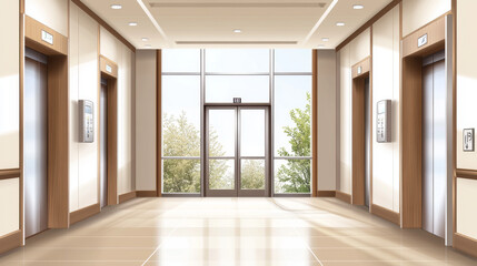 Realistic hallway interior with large windows and two closed elevators. Vector illustration of modern school, clinic, hotel, office, shopping mall or hospital corridor in wooden brown and white colors