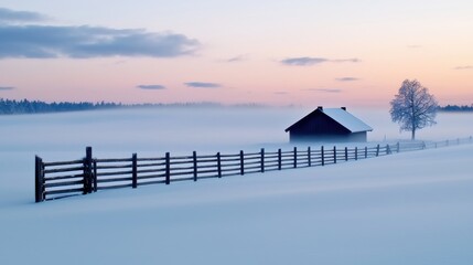 Snowy Field with Cabin at Dawn