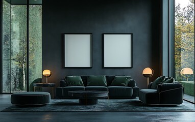 Modern dark living room, forest view, cozy furniture, mockup posters