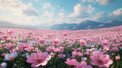 Fototapeta premium Field of blooming pink and white flowers under blue sky with mountains